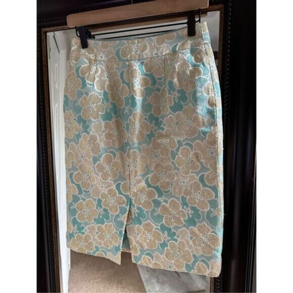 Antonio Melanie Metallic Pencil Skirt Women’s Size 0 Teal Gold Floral Brocade - Picture 5 of 9